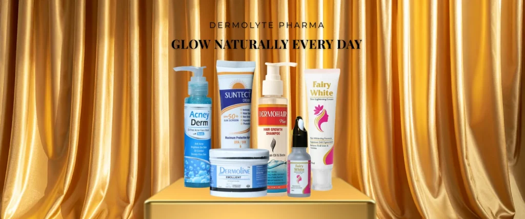 Dermolyte Pharma skincare collection featuring DermoHair Shampoo, Fairy White Skin Lightening Cream, Suntect Sunscreen, Acne Derm Oil Free Acne face Wash and Glow Serum on a gold luxury podium.
