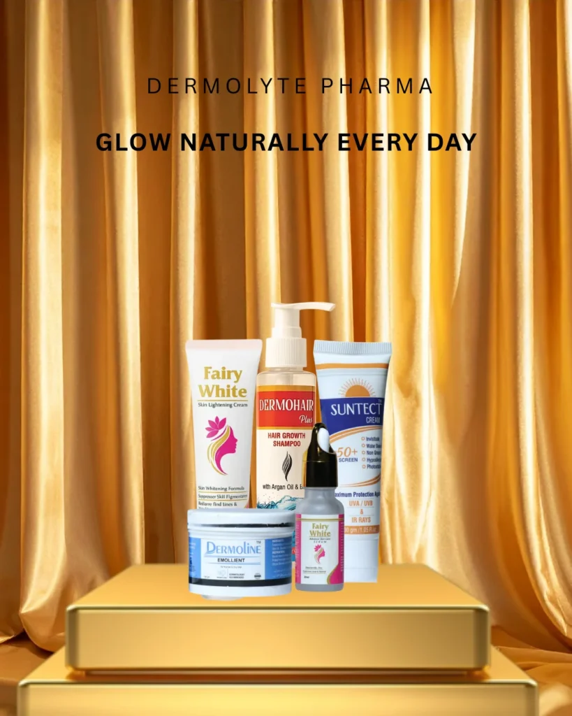 Dermolyte Pharma skincare products mobile view featuring natural glow daily essentials.